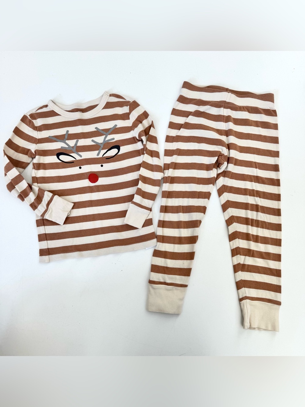 Gap Kids 100% Organic Cotton Reindeer PJ Set Size Youth 6 Light Brown Stripes